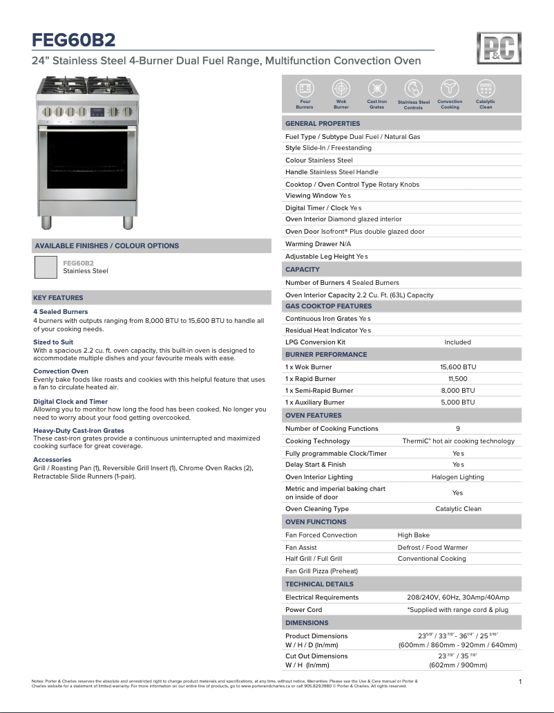Page 1 de la notice Fiche technique Porter & Charles FEG60B2