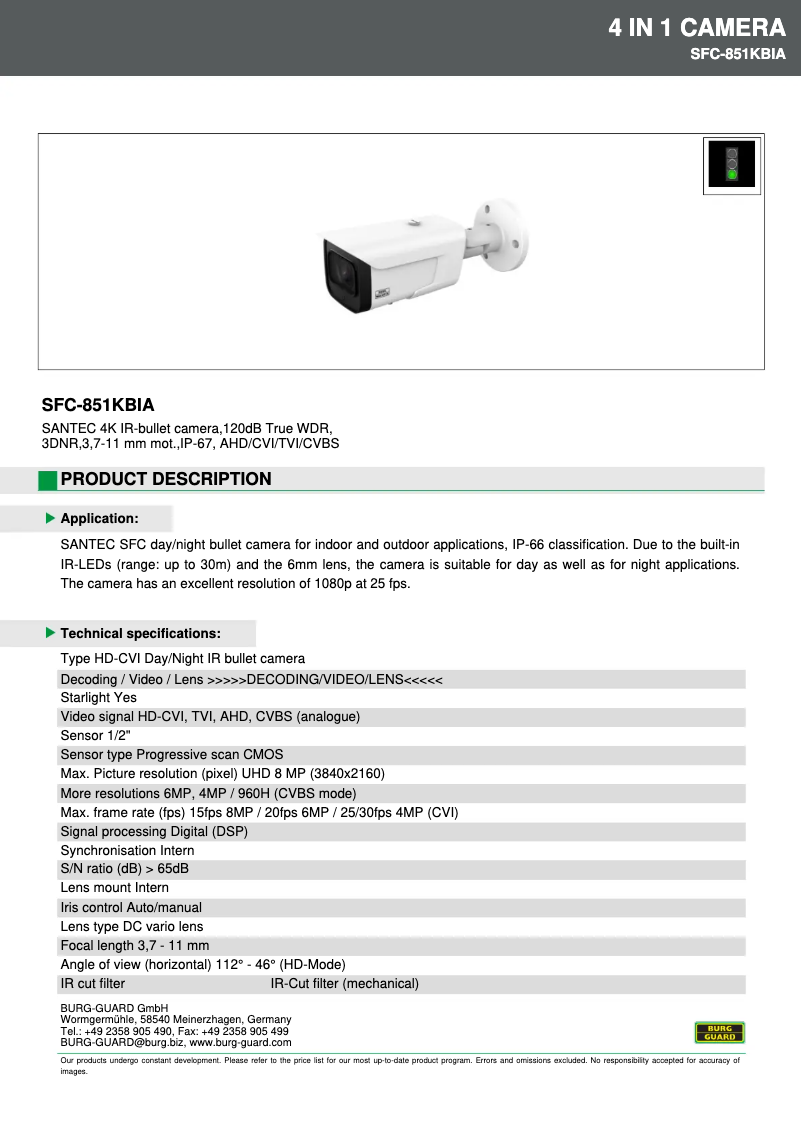 Page 1 de la notice Fiche technique Burg Wächter SFC-851KBIA