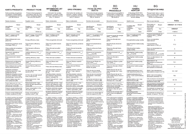 Page n°1 - Fiche technique Amica OWS 952 T