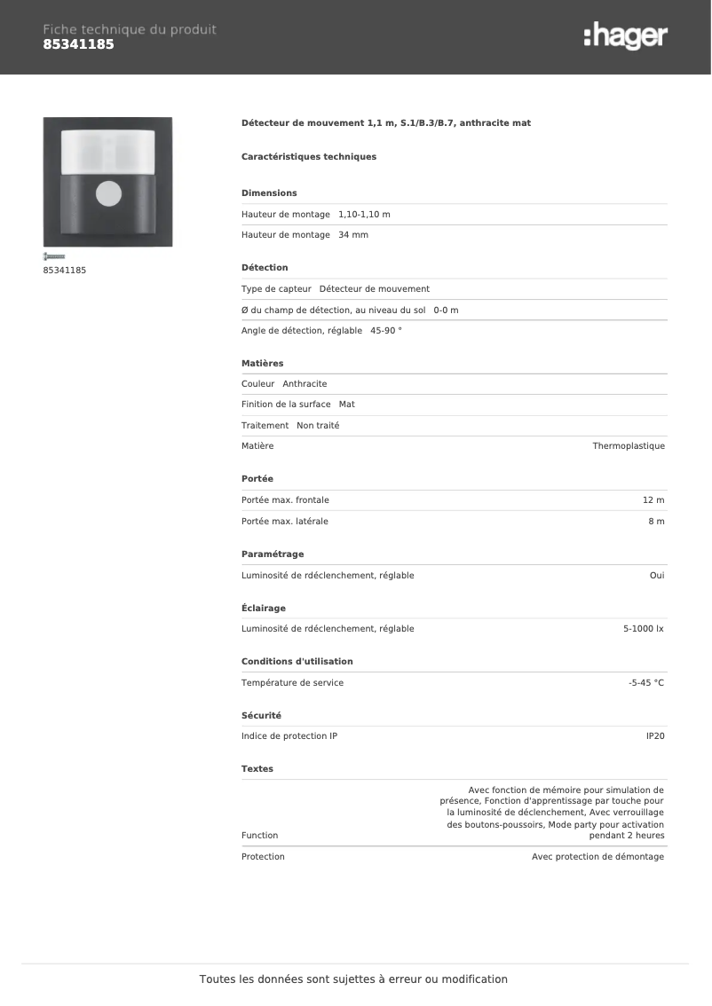 Página 1 del manual Ficha técnica Berker 85341185