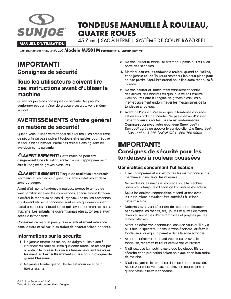 Page 1 de la notice Manuel utilisateur Sun Joe MJ501M