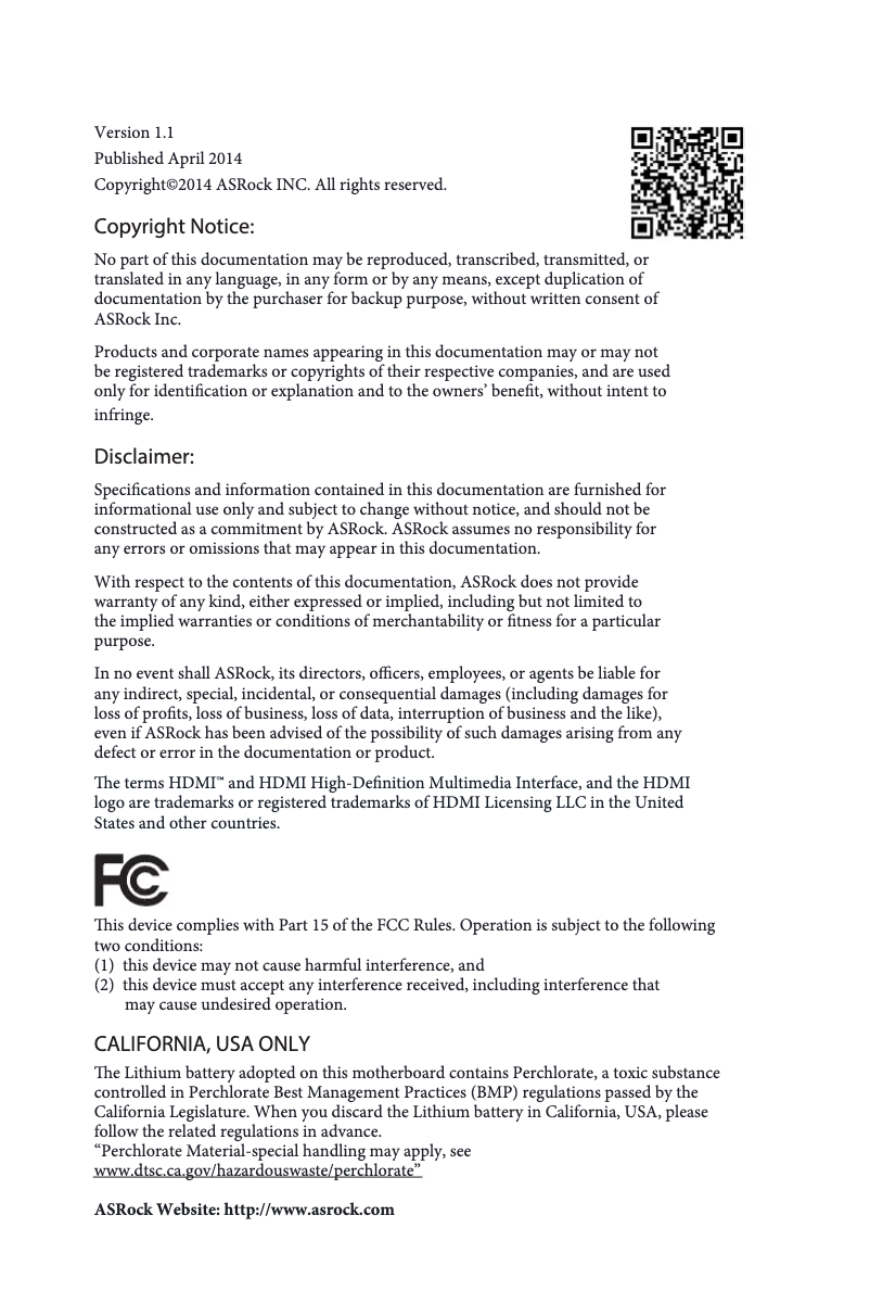 Page 1 de la notice Manuel utilisateur Asrock Q1900-ITX