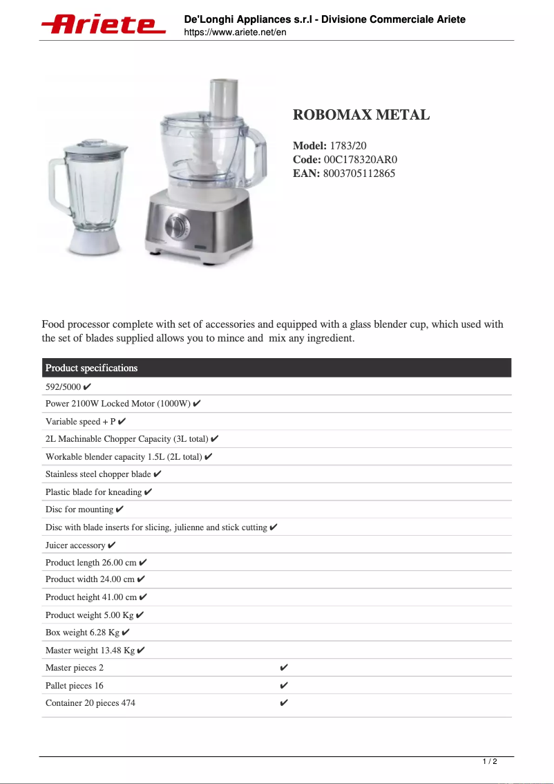 Page 1 de la notice Fiche technique Ariete RoboMax Metal 1783