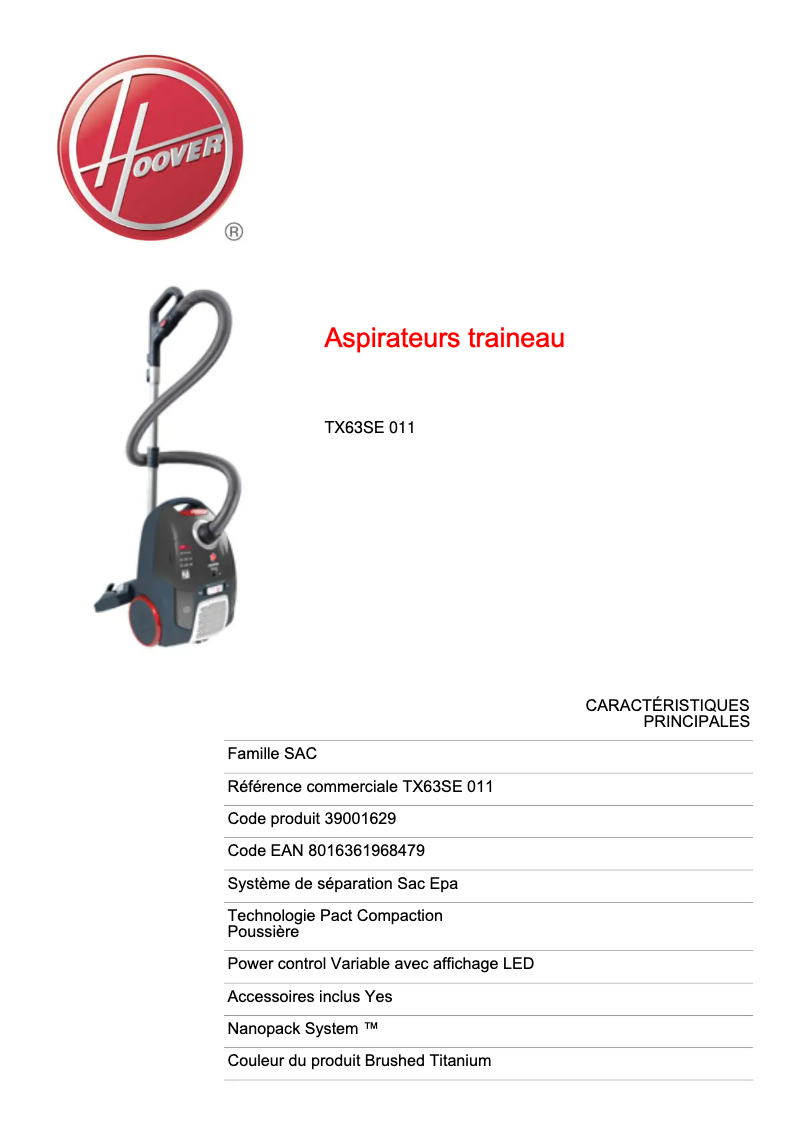 Page n°1 - Fiche technique Hoover Telios Extra TX63SE 011