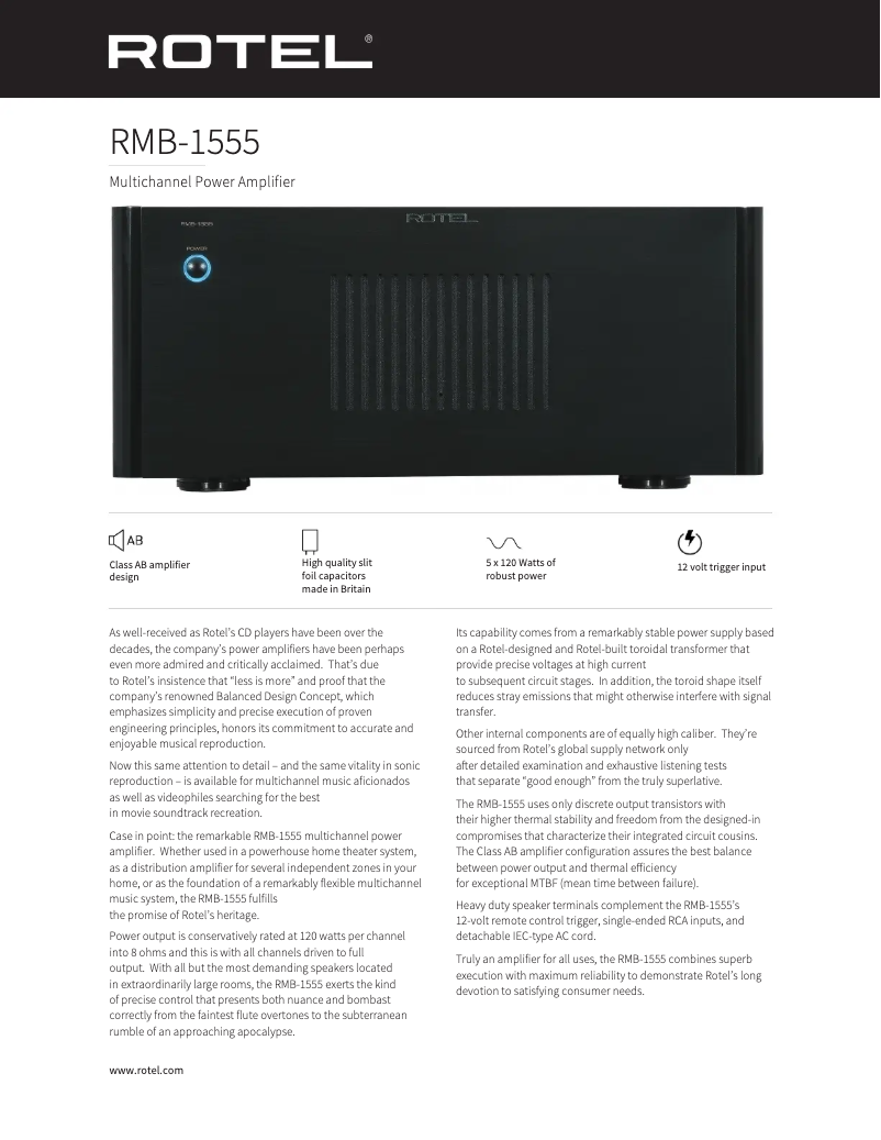 Page 1 de la notice Fiche technique Rotel RMB-1555