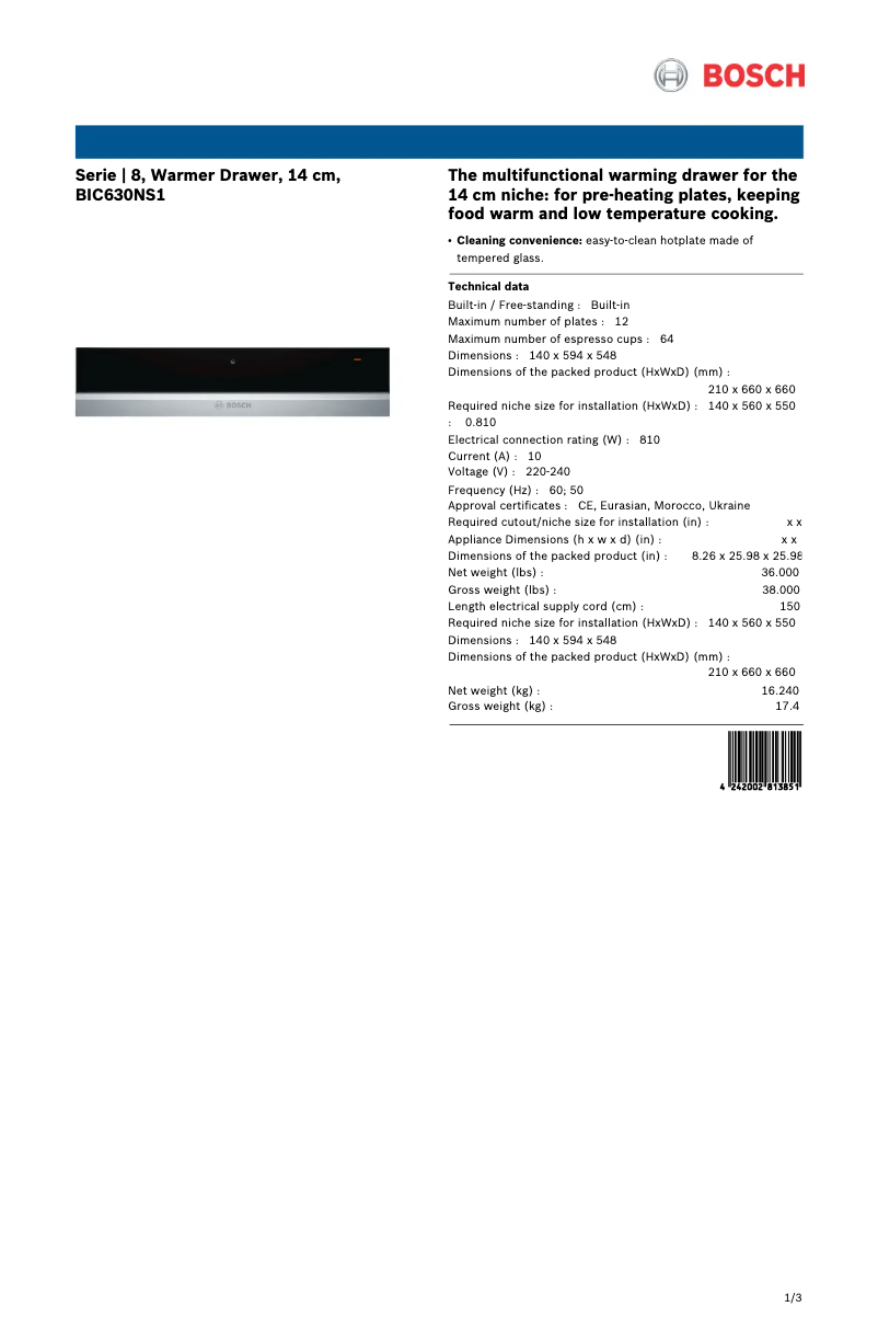 Page 1 de la notice Fiche technique Bosch BIC630NS1