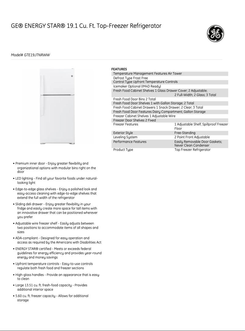 Page 1 de la notice Fiche technique GE GTE19DTNRWW