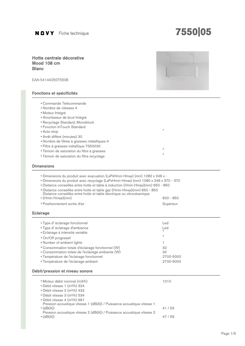 Page 1 de la notice Fiche technique Novy Mood 7550