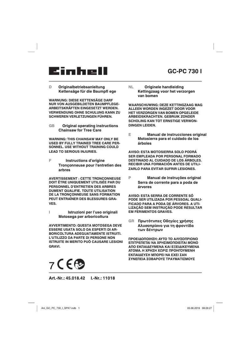 Page 1 de la notice Manuel utilisateur Einhell GC-PC 730 I
