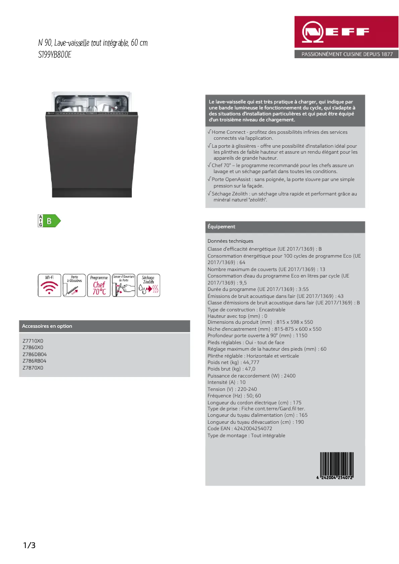 Page n°1 - Fiche technique Neff S199YB800E