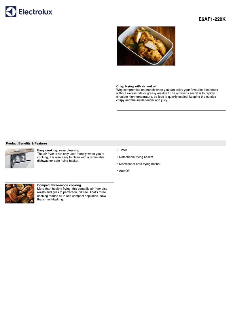 Page 1 de la notice Fiche technique Electrolux E6AF1-220K