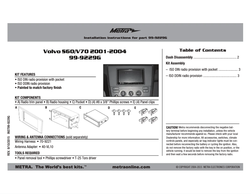 Page n°1 - Manuel utilisateur Metra 99-9229G