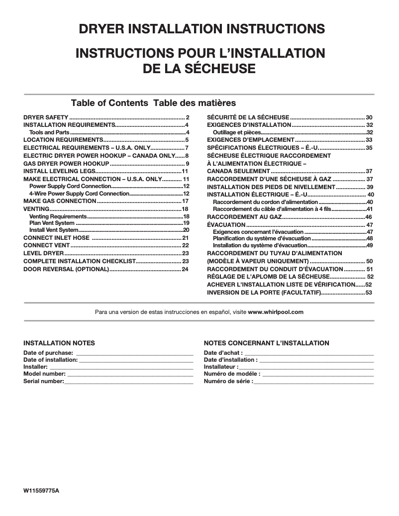 Page n°1 - Guide d'installation Whirlpool WGD560LHW