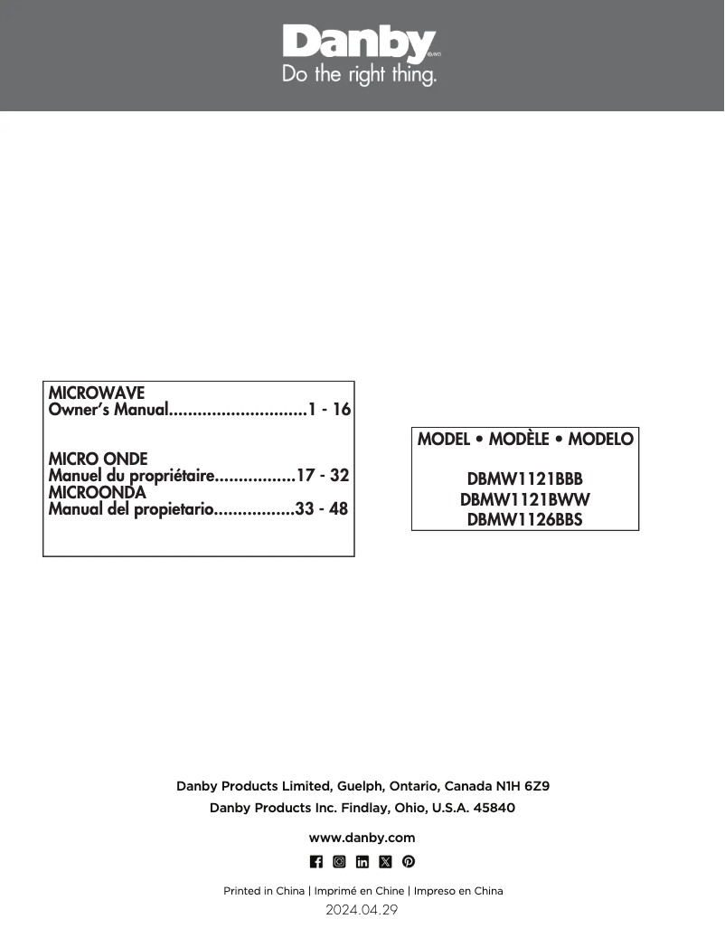 Page n°1 - Manuel utilisateur Danby DBMW1121BWW