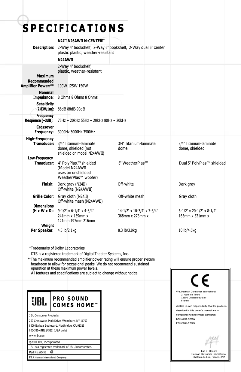 Page 1 de la notice Manuel utilisateur JBL Northridge N24AWII