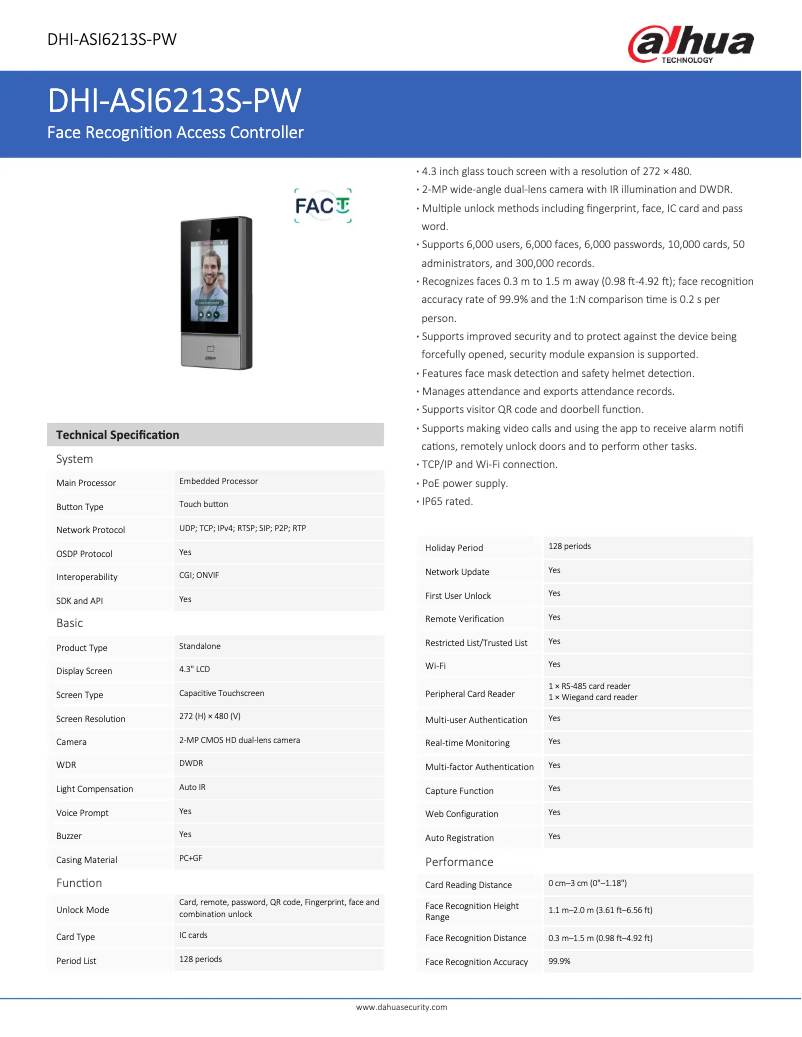Page 1 de la notice Fiche technique Dahua Technology ASI6213S-PW