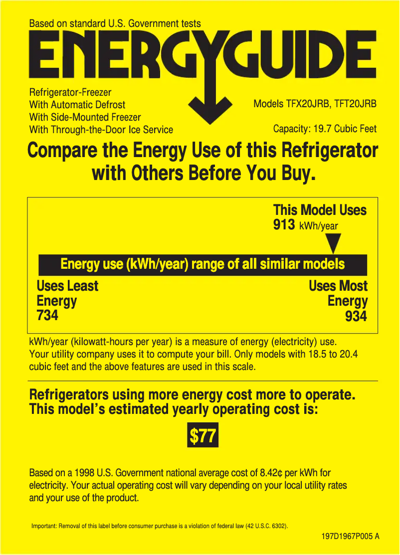 Page 1 de la notice Label énergétique GE TFT20JRBWW