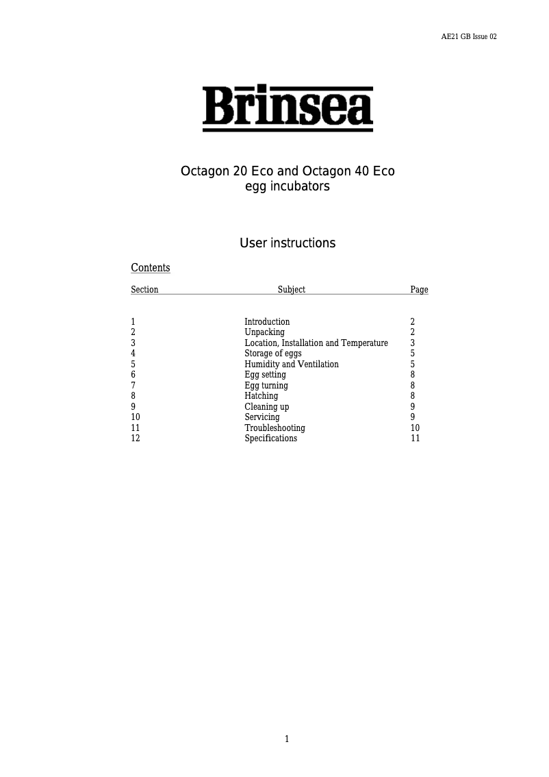 Page 1 de la notice Manuel utilisateur Brinsea Octagon 20 ECO