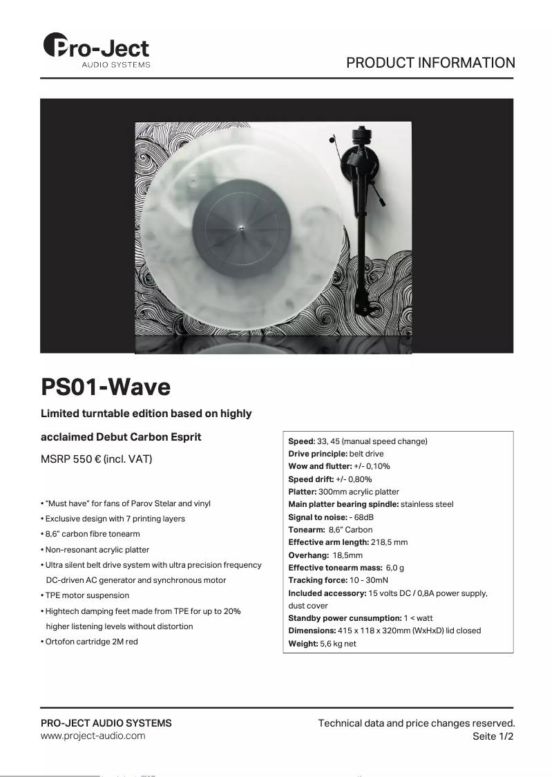 Page 1 de la notice Fiche technique Pro-Ject PS01-Wave