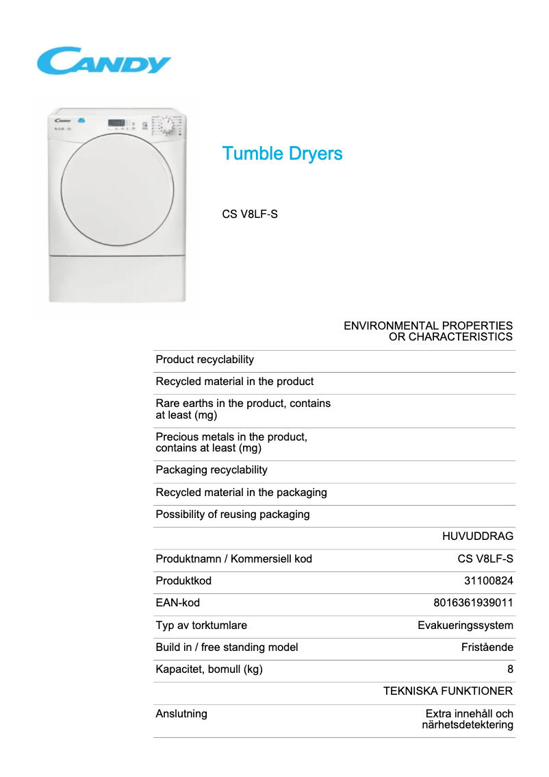 Page 1 de la notice Fiche technique Candy CS V8LF-S