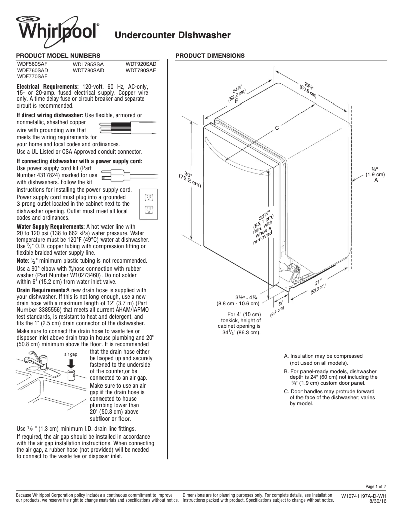 Page 1 de la notice Fiche technique Whirlpool WDF560SAF