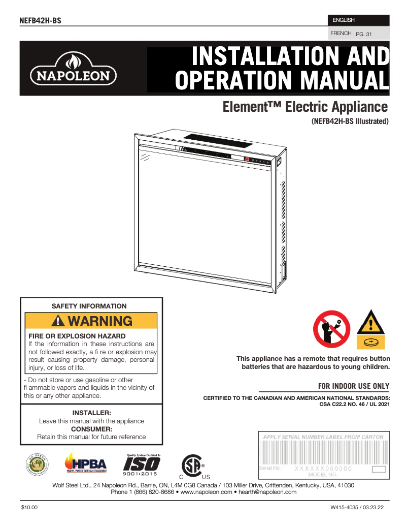 Page 1 de la notice Manuel utilisateur Napoleon Element 42