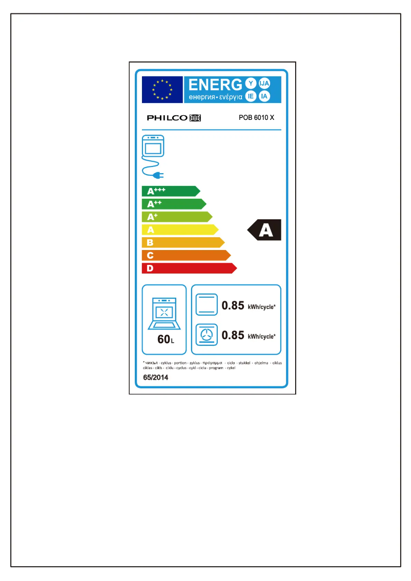 Page 1 de la notice Label énergétique Philco POB 6010 X