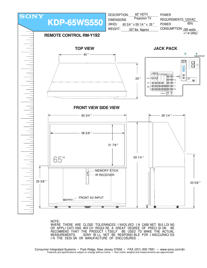 Page 1 de la notice Guide d'installation Sony KDP-65WS550