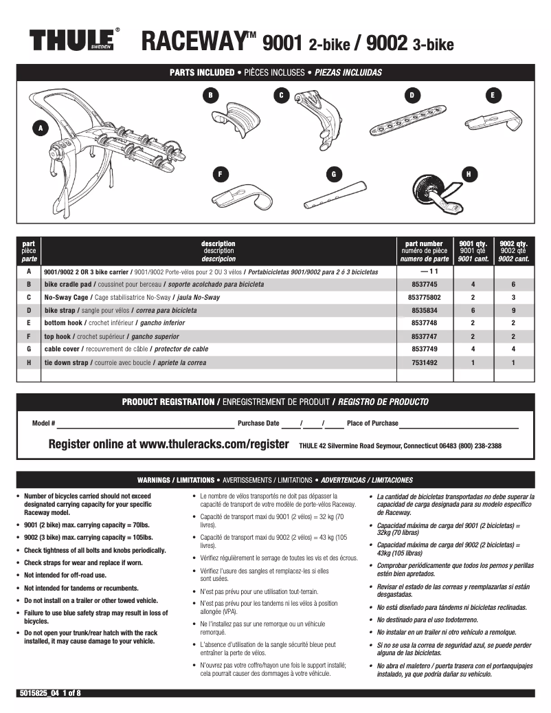 Page n°1 - Manuel utilisateur Thule Raceway 9001