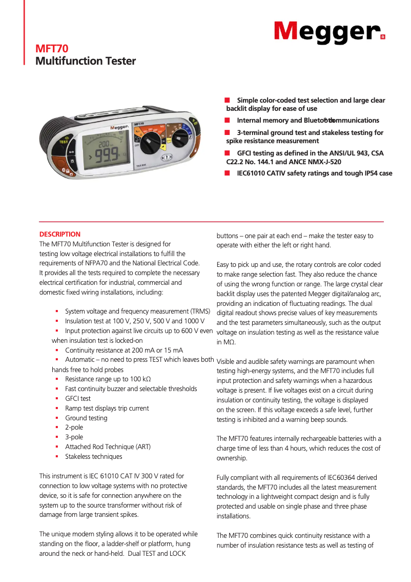 Page 1 de la notice Fiche technique Megger MFT70