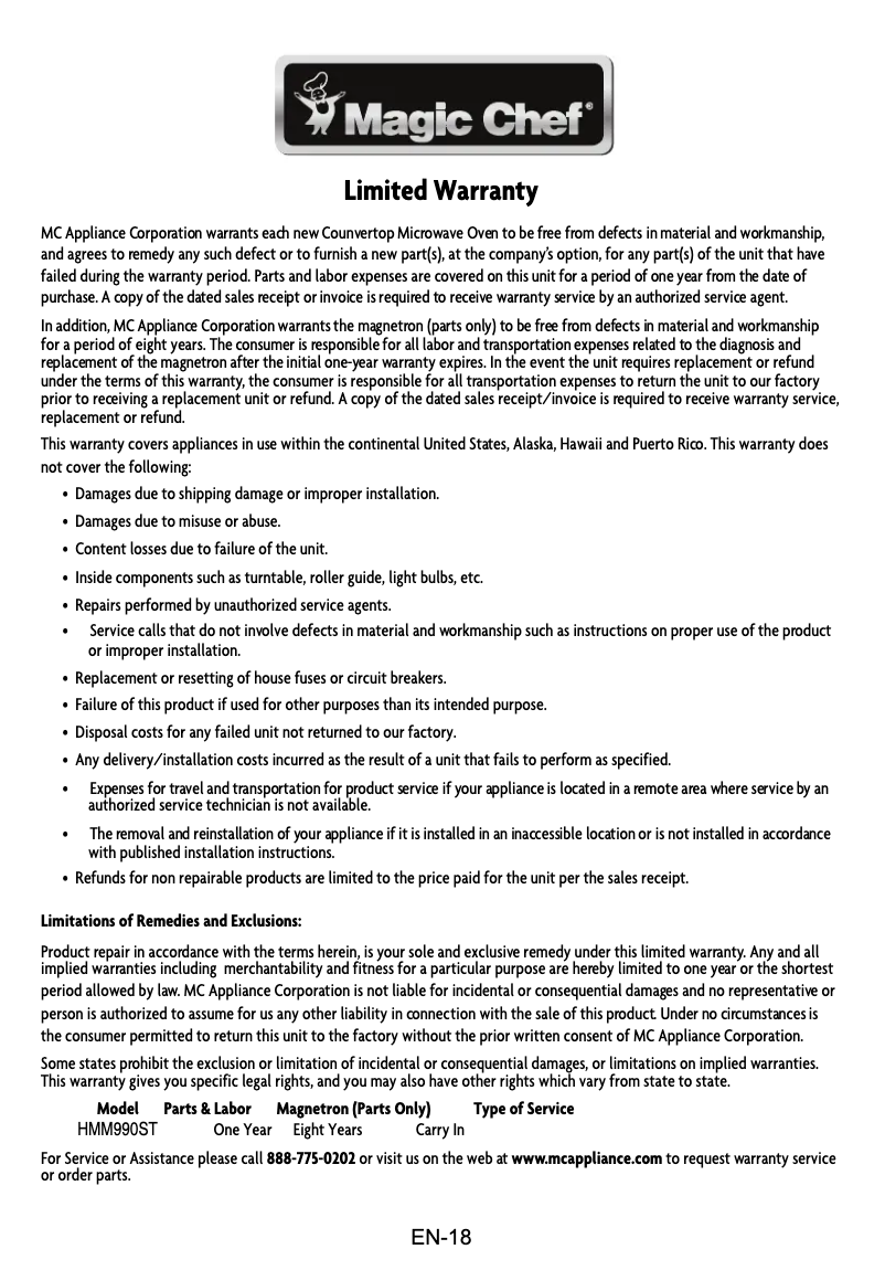 Page 1 de la notice Informations de garantie Magic Chef HMM990ST