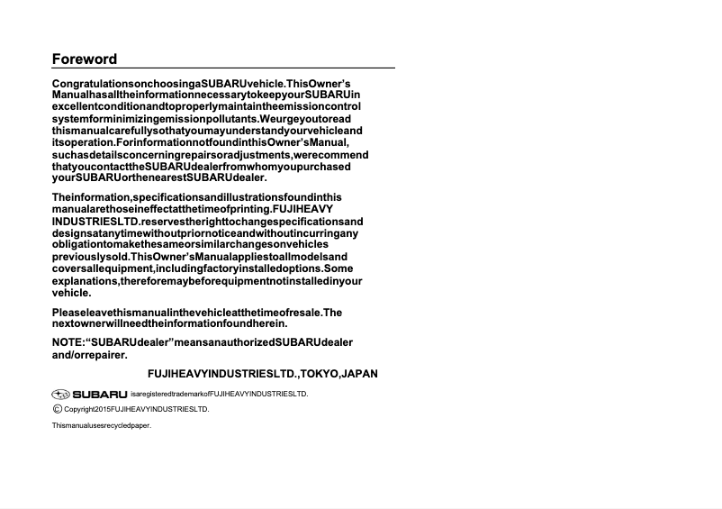 Page 1 de la notice Manuel utilisateur Subaru Levorg (2016)