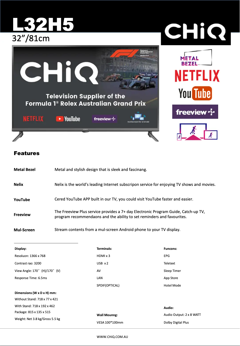 Page 1 de la notice Fiche technique CHiQ L32H5