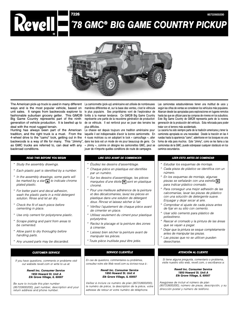 Page n°1 - Manuel utilisateur Revell '78 GMC Big Game Country Pickup