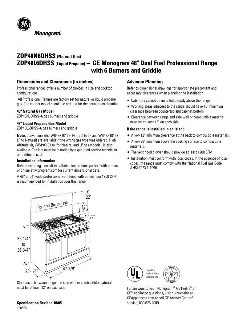 Page n°1 - Fiche technique GE ZDP48L6DHSS