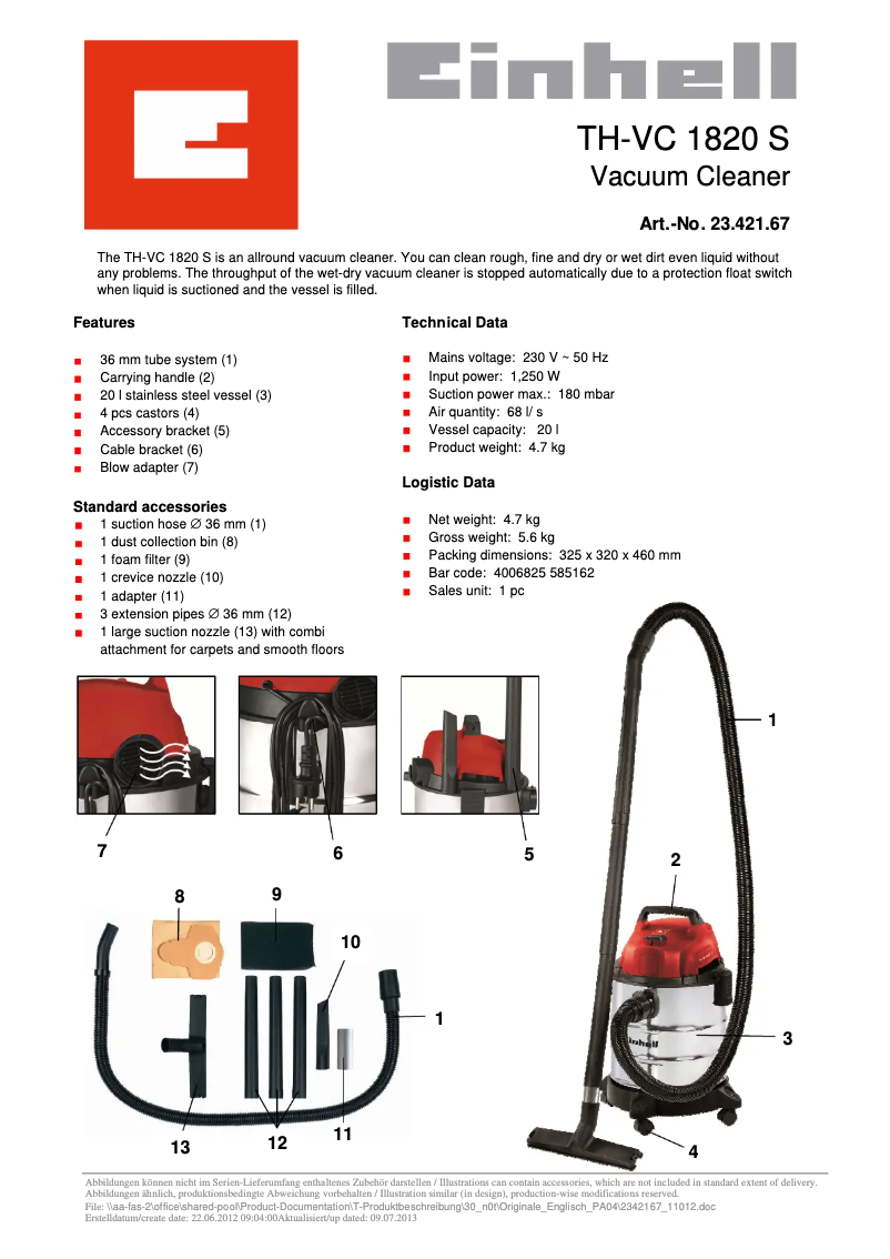 Page n°1 - Fiche technique Einhell TH-VC 1820 S