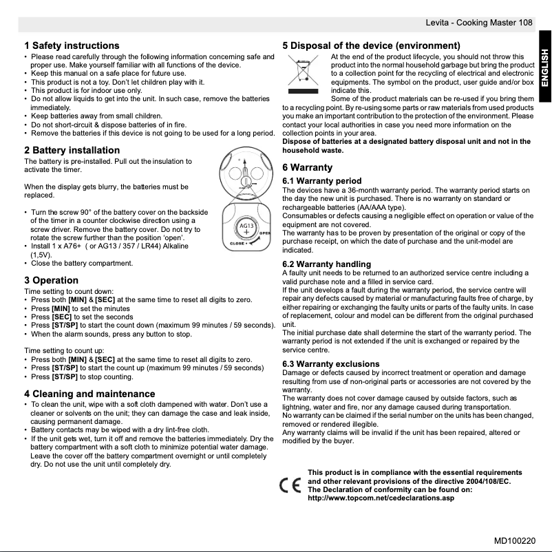 Image de la première page du manuel de l'appareil Cooking Master 108