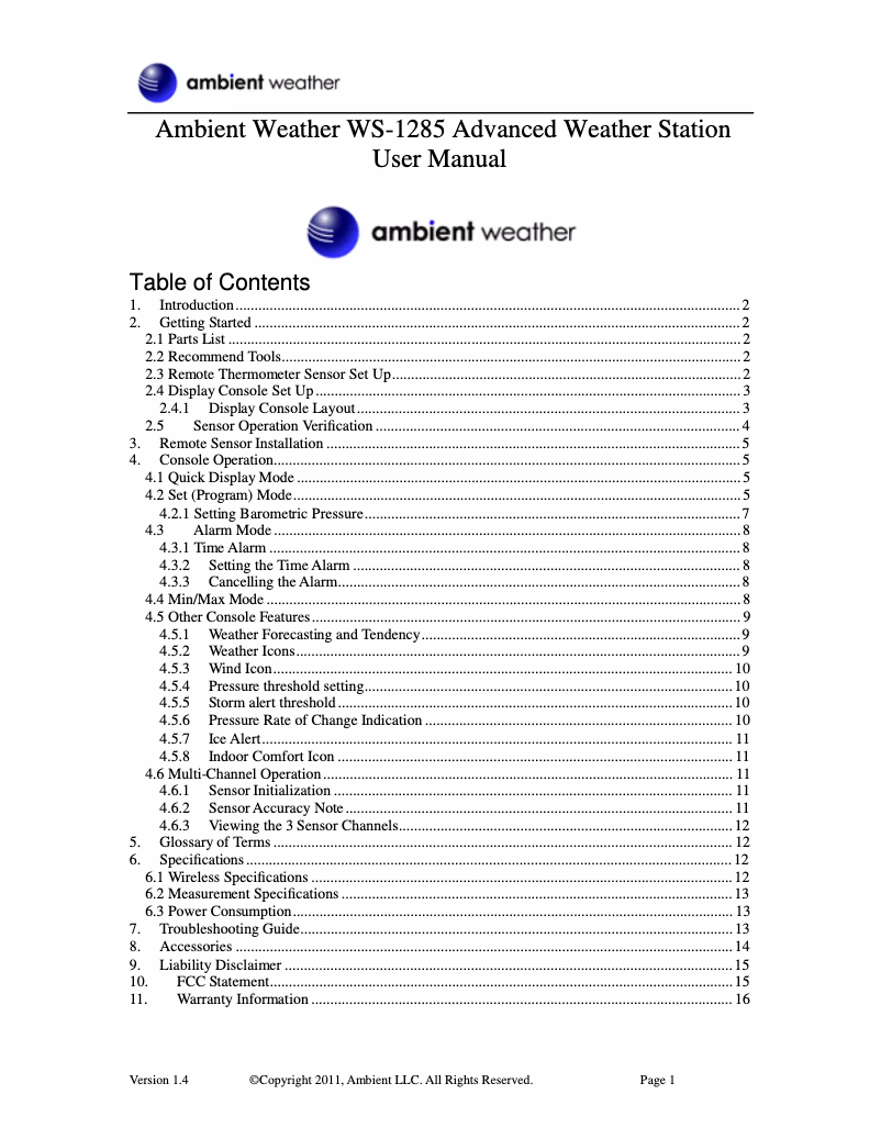 Page 1 de la notice Manuel utilisateur Ambient Weather WS-1285