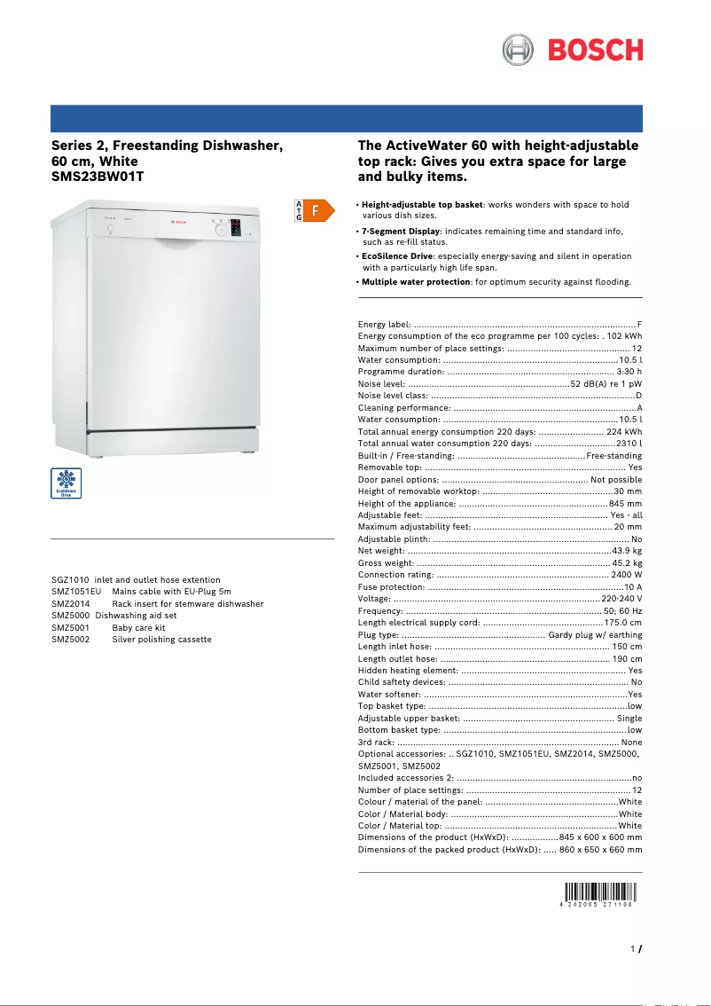 Página 1 del manual Ficha técnica Bosch SMS23BW01T