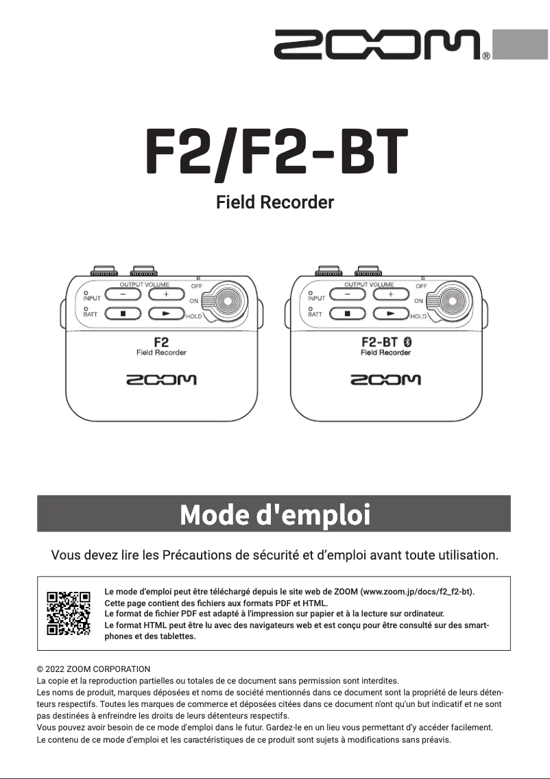 Page 1 de la notice Manuel utilisateur Zoom F2