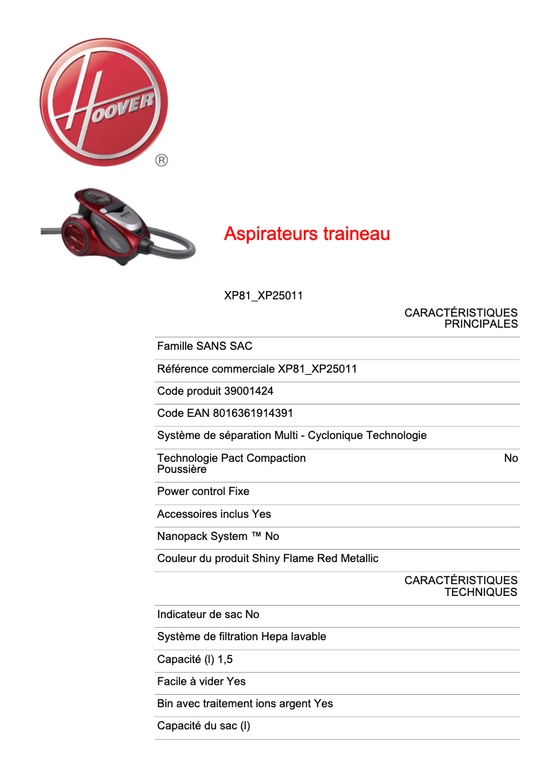 Page n°1 - Fiche technique Hoover Xarion Pro XP81_XP25011