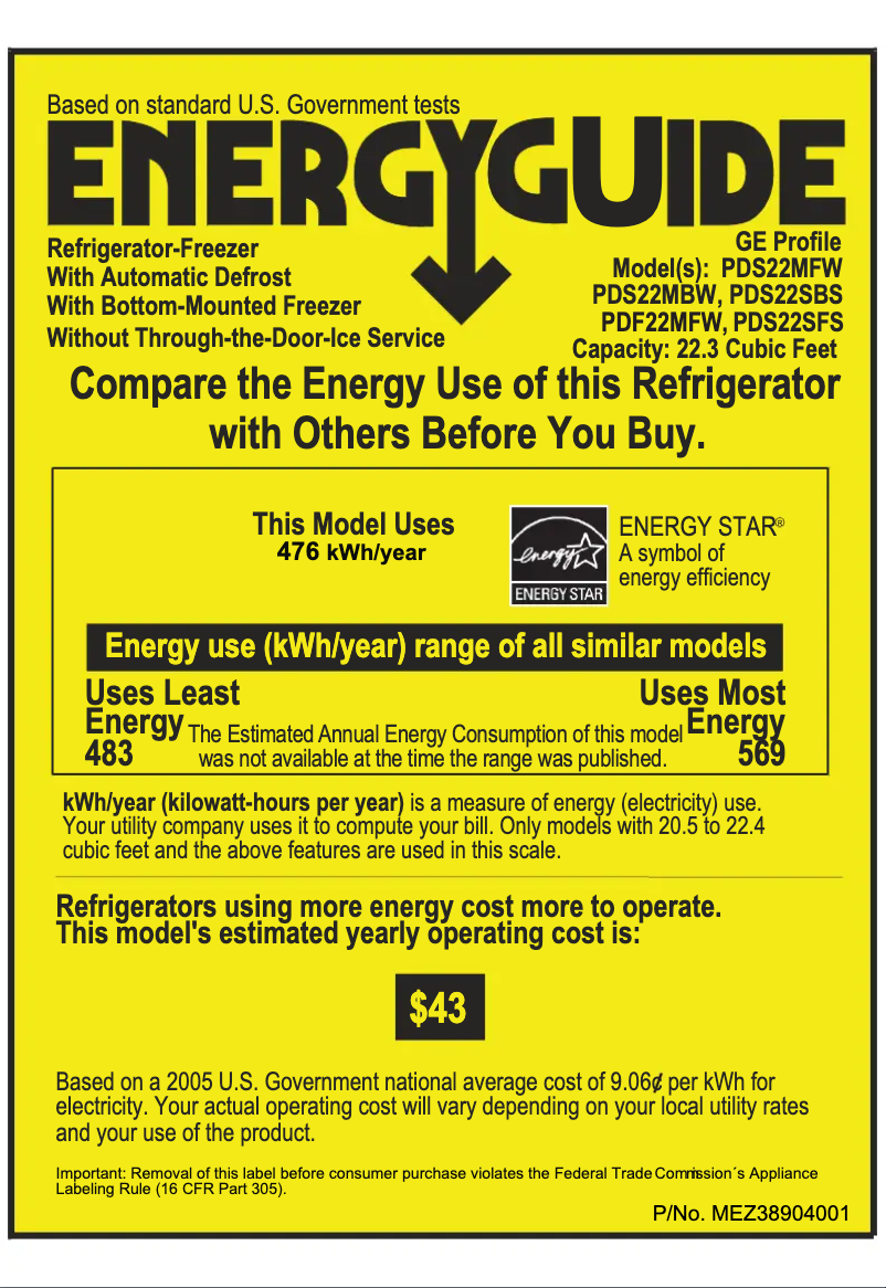 Page n°1 - Label énergétique GE Profile PDS22MFWBB