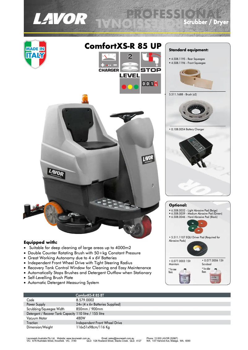 Page 1 de la notice Fiche technique Lavorwash ComfortXS-R 85 UP