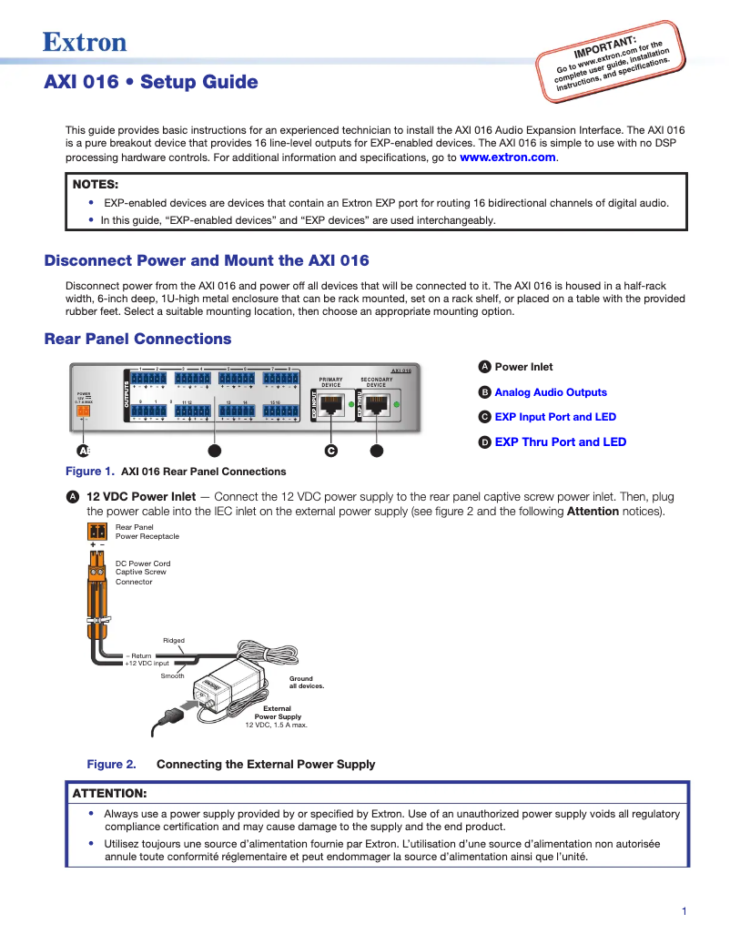 Page 1 de la notice Manuel utilisateur Extron AXI 016