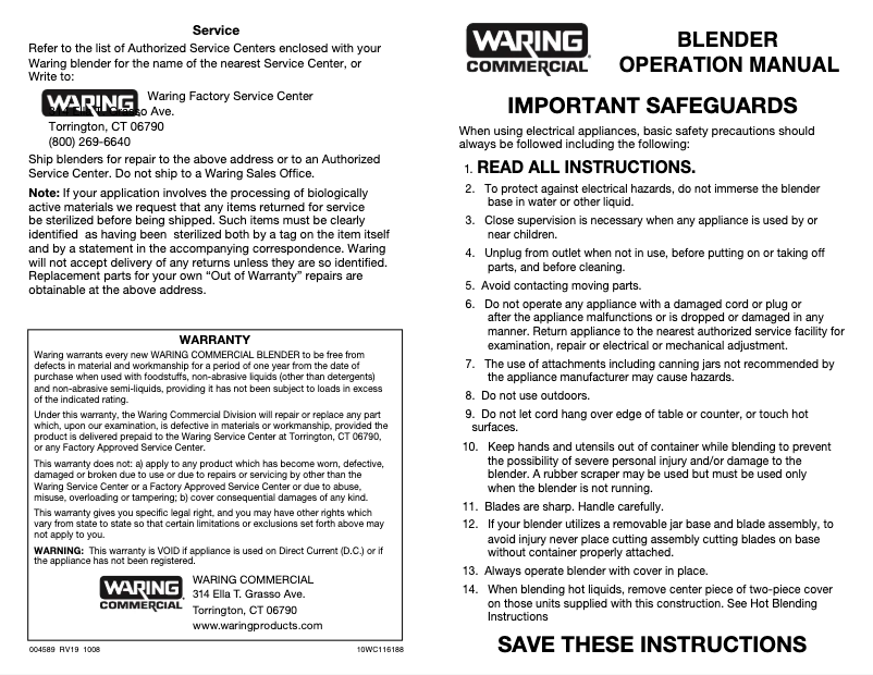 Page 1 de la notice Manuel utilisateur Waring Commercial 700G