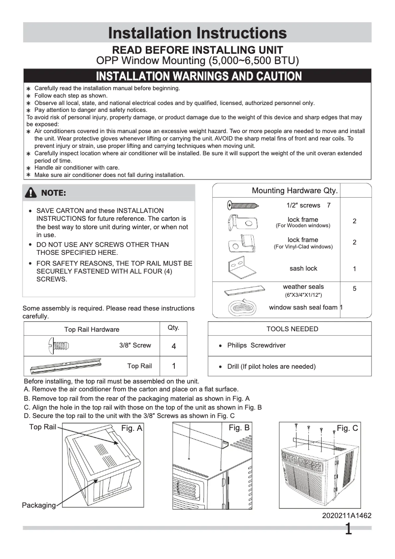 Page 1 de la notice Guide d'installation Frigidaire CRA052XT7