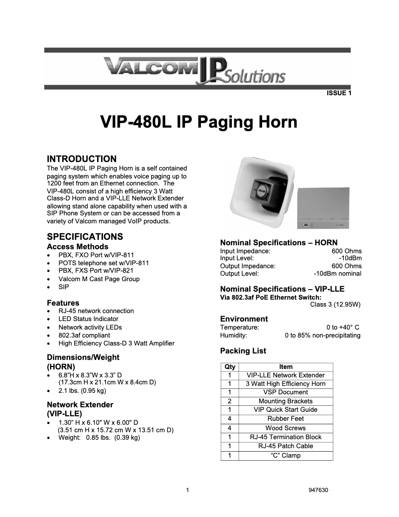 Page 1 de la notice Manuel utilisateur Valcom VIP-480L