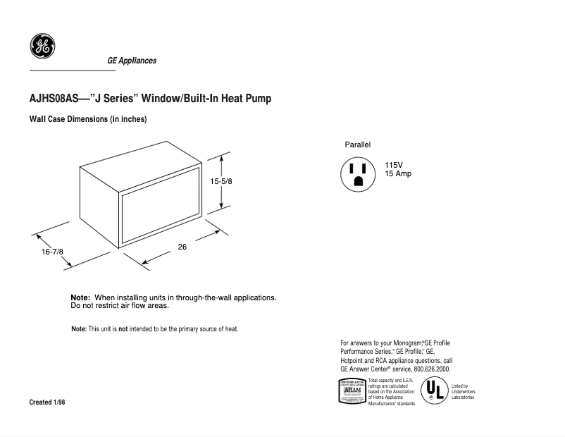 Page n°1 - Fiche technique GE AJHS08AS