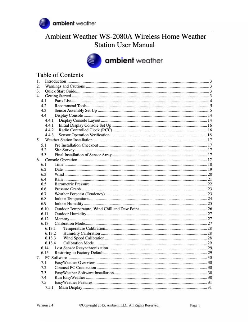 Page 1 de la notice Manuel utilisateur Ambient Weather WS-2080A