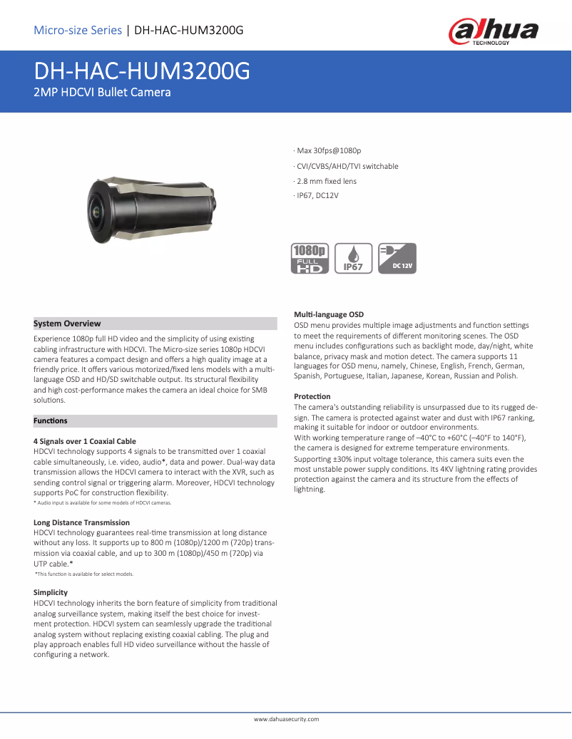 Page 1 de la notice Fiche technique Dahua Technology HAC-HUM3200G